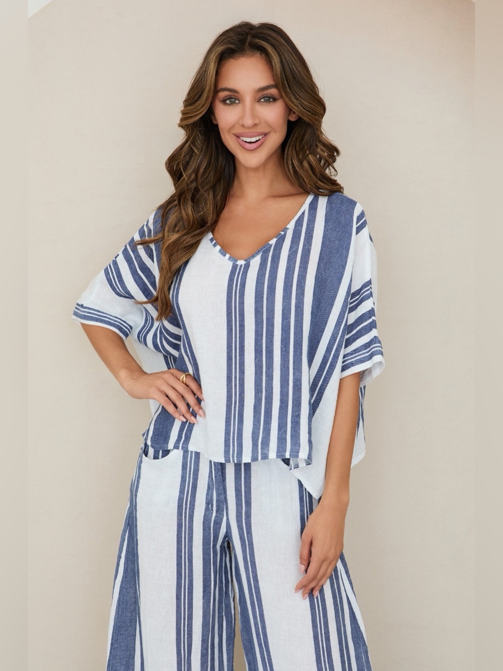 (154101-1-STRIPE-W/N) STRIPE V-NECK LINEN DOLMAN SLEEVE CROP TOP